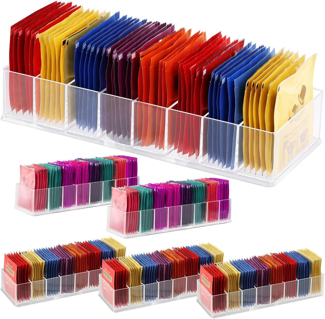 6 Pack Tea Bag Organizer, Clear Plastic Tea Bag Holder with Adhesive Non-Slip Pads, 8-Compartment Sugar & Drink Packet Organizer for Kitchen Storage Organization, Break Room, Pantry Even Drawer