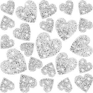 26 Pieces Heart Shape Iron on Patches Heart Rhinestone Patches Silver Adhesive Applique Hot Glue Rhinestone Love Hearts Glitter Crystal Patches for Clothing Jeans Shoes Hats Repair Decoration (4Sizes)