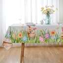 Spring Tablecloth 52x70 Easter Bunny Table Cloth - Oblong Polyester Holiday Rabbit Eggs Spring Floral Table Cover Washable Waterproof for Spring Party Family Gathering Kitchen Dining Decorations