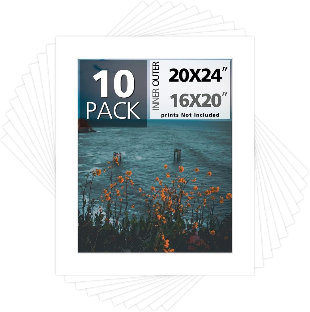 Mat Board Center, 10 Pack 20x24 Picture Mat for 16x20 Photos, White