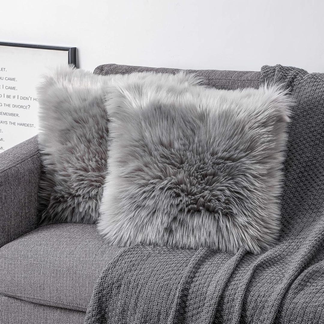 OYIMUA Fluffy Decorative Throw Pillow Covers Gray 2020, Faux Fur Farmhouse Luxury Pillow Cases,Soft Plush Fuzzy Cushion Covers for Sofa Couch Living Room Bedroom Set of 2