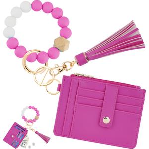 KNGITRYI Wallet Keychain Wristlet for Women,Slim RFID Credit Card Holder Purse Tassel Keychain Bangle Key Ring for Men Women