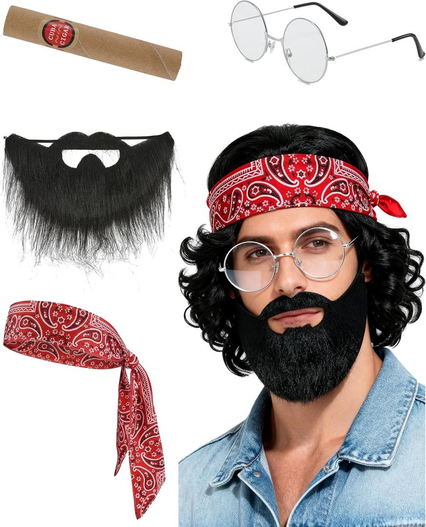 4pc Halloween Men Costume Kit Bandana Glasses Beard Mustaches Accessory