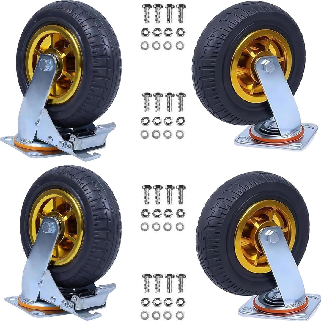 4 Pack 8 Inch Caster Wheels, Swivel Rubber Plate Caster with Top Plate and Screws, 2 Brake Wheels, for Furniture Transport Industrial Transport, 3000Lbs Load Capacity
