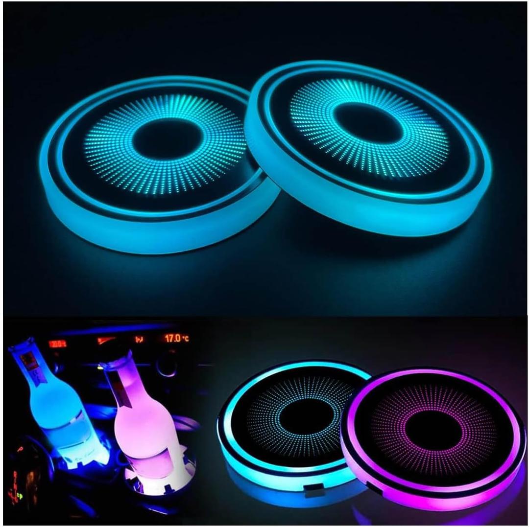 2PCS LED Car Cup Holder Lights, Light up Car Coasters for Cup Holders 7 Color-Changing Light Up Cup Holder Insert Coasters, Waterproof Car Accessories for Teens, Car Gifts for Men & Women