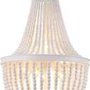 Q&S Beaded Chandelier Farmhouse White Wood Beaded Boho Light Fixture Vintage Antique 8 Lights for Dining Room Nursery Kitchen Foyer Bedroom Living Room UL Listed