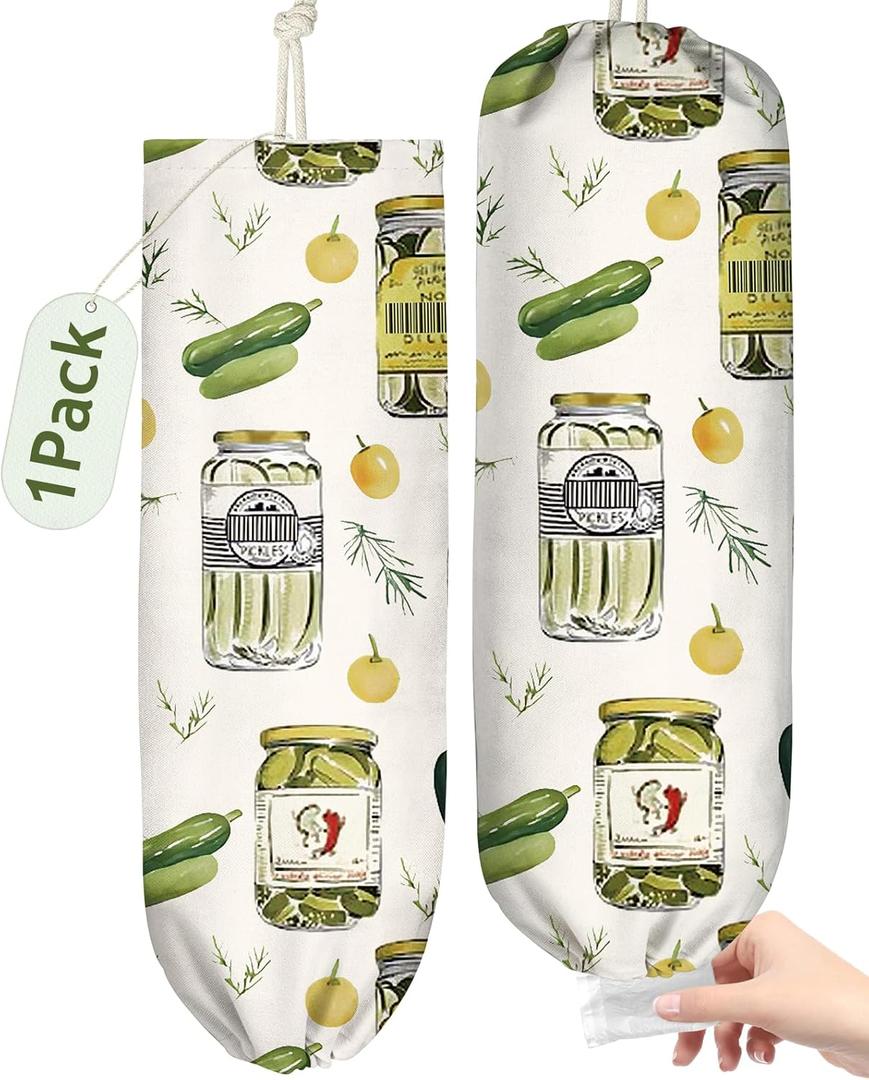 Plastic Bag Holder Organizer - 1 Pack Reusable Canvas Grocery Bags Holder Hanging Wall Cute Aesthetic Shopping Bag Storage Dispenser with Drawstring Closure for Kitchen Home, Canned