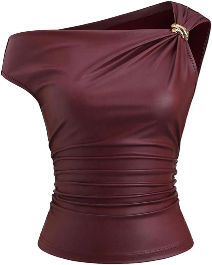 Milumia Women's Asymmetrical Off The Shoulder Leather Top Y2k Ruched Going Out Crop Tank Tops (Red, XS)