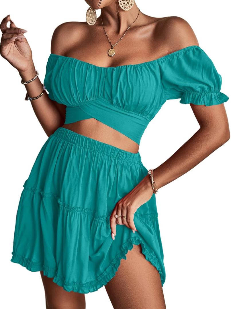 LYANER Women's 2 Piece Outfits Floral Off Shoulder Tie Up Crop Top and Mini Skirt Set (Lake Blue), S