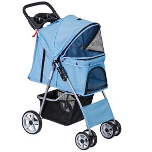 4 Wheels Dog Stroller Folding Pet Strolling Cart for Small Medium Cats Puppies Portable Jogger Travel Camping Puppy Carrier with Storage Basket Cup Holder, Blue
