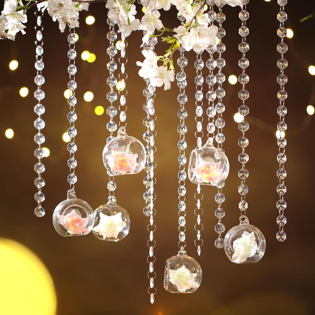 12 Sets Hanging Candle Holder Wedding Glass Globe with Acrylic Gems Bead Garland Hanging Tea Light Candle Holder Orbs Container for Flower Plant Micro Landscape DIY Party Tree Decor 2.36 Inch