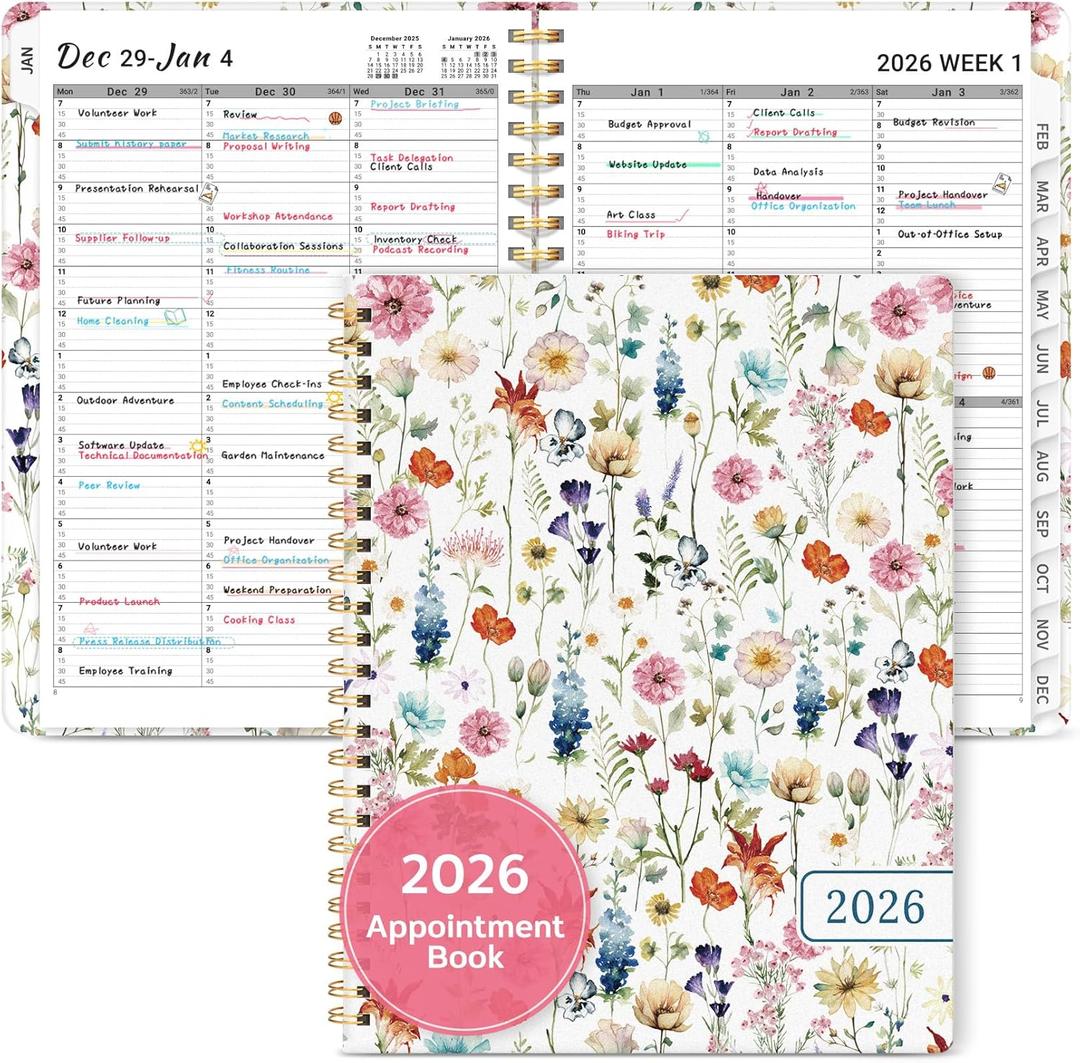 2026 Appointment Book Planner, Quarter-Hourly, Weekly & Monthly Appointment Planner (January 2026 - December 2026), 8.5"x11" Schedule Book with Flexible Cover & Tabs, Perfect for Office School Supplies - Wildflowers