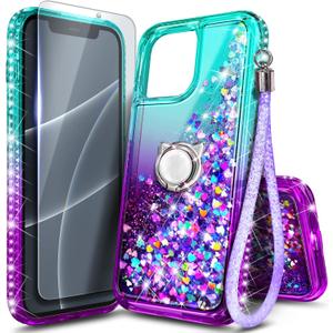 NGB Designed for iPhone 15 Pro-Max Case, Aqua/Purple | Glitter Liquid Sparkle Cute Cover for Women Girls Kids | with Tempered Glass Screen Protector & Ring Holder & Wrist Strap