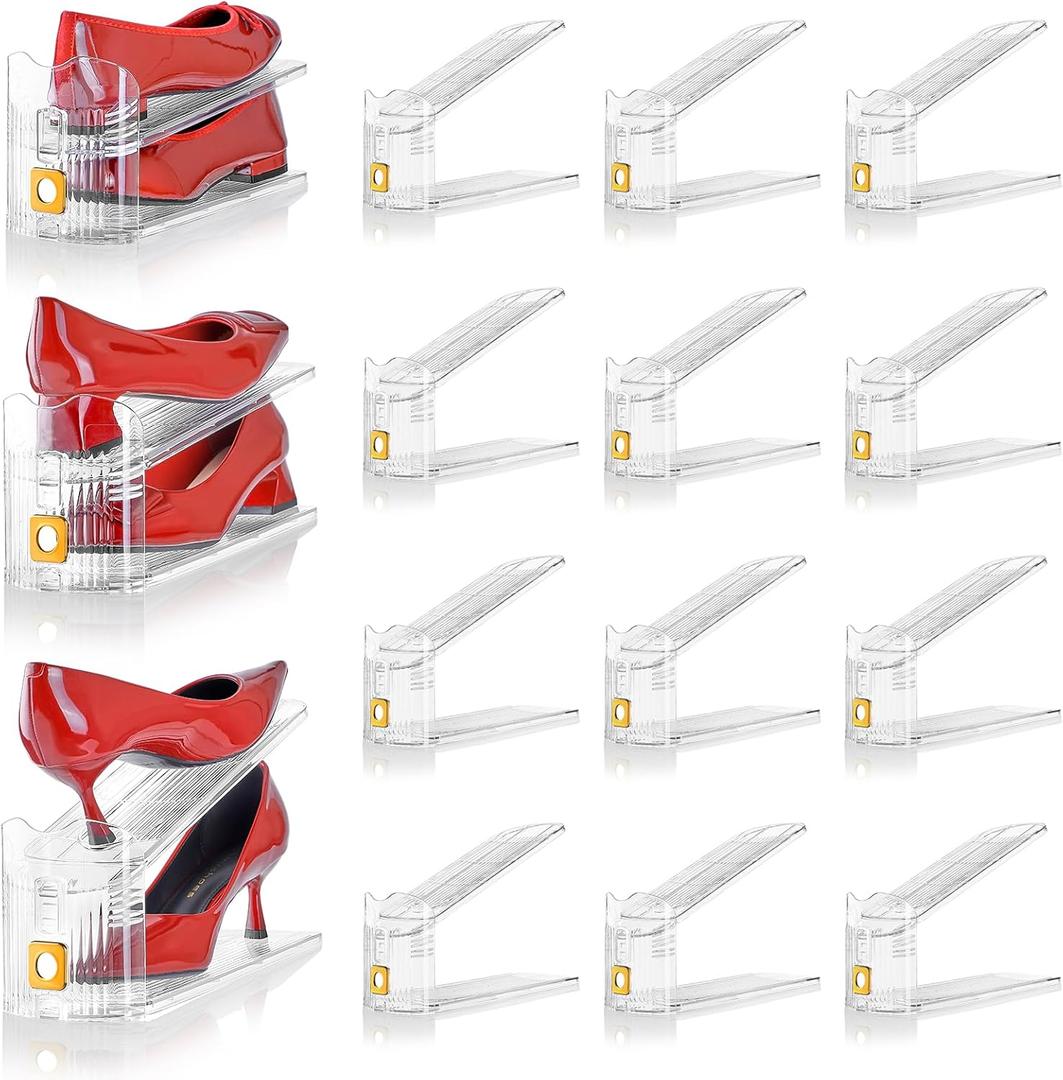 Shoe Slots Organizer for Closet, 12 Pack Shoe Stacker Organizer, Shoe Storage Space Savers 50%, 3 Levels Adjustable Shoe Racks for Closet Organization (Gold)