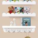 Floating Nursery Book Shelves with Hooks-Scalloped Wall Book Shelves for Bedroom Kids Set of 3, Nursery Furniture Must Have, 16 Inch, White