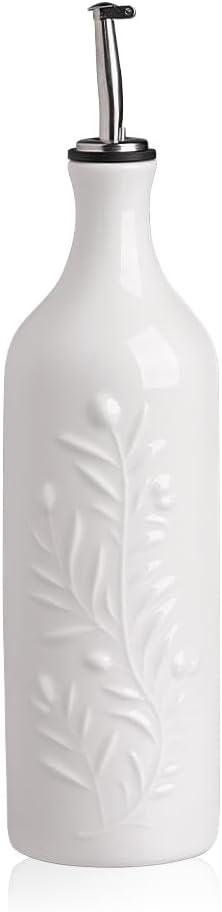 Sweejar Large Olive Oil Dispenser Bottle, 24 Oz Ceramic, Modern Relief Design, Dishwasher Safe, White