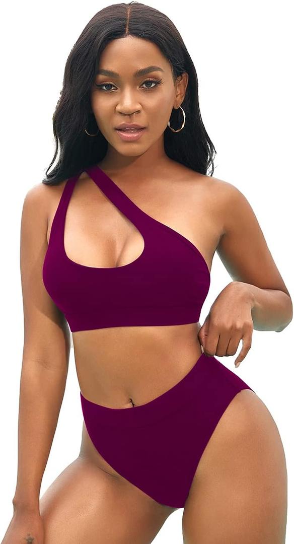 NAFLEAP One Shoulder Cutout Bikini Set for Women High Waisted Bottom Swimsuit Two Piece Bathing Suit (Large, Claret Red)