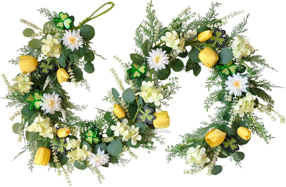 TEMPUS 6Ft Spring Summer Artificial Eucalyptus Garland with Tulips, Hydrangeas & Greenery - Yellow White Floral Vine for Mantle Table Centerpiece, Wedding Home Decor, Year-Round Indoor Outdoor