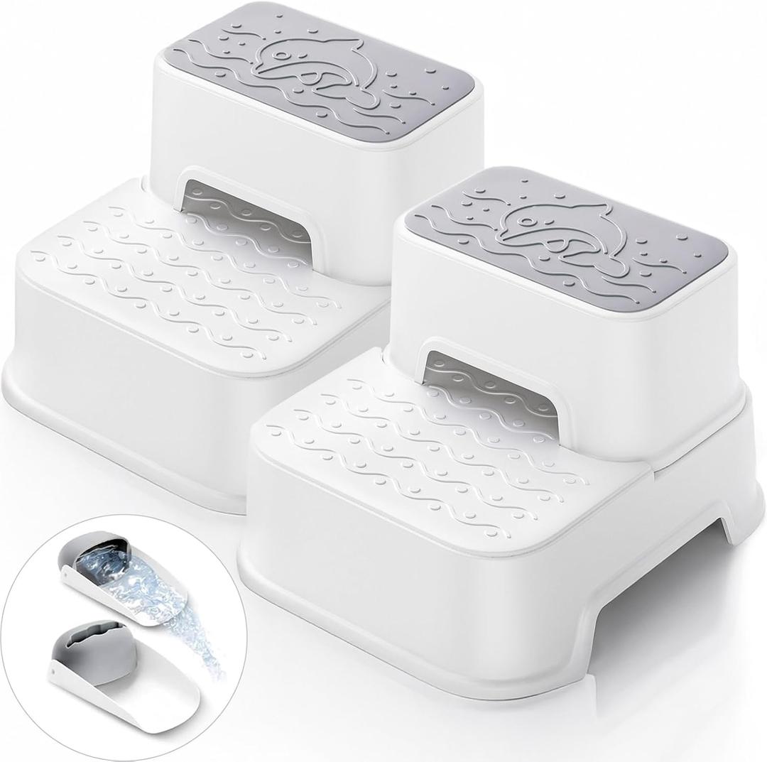 2 Step Toddler Step Stool, Non-Slip Multifunctional Kids Step Stool for Bathroom Sink & Toilet Potty Training,Supports Up to 220 lbs (2 Packs, White)