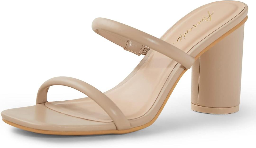 Arromic Women's Heeled Sandals Square Toe Two Strap Block Heels for Women Comfortable Strappy Heels Slip on Heeled Sandals for Women Dressy (6.5, Nude)