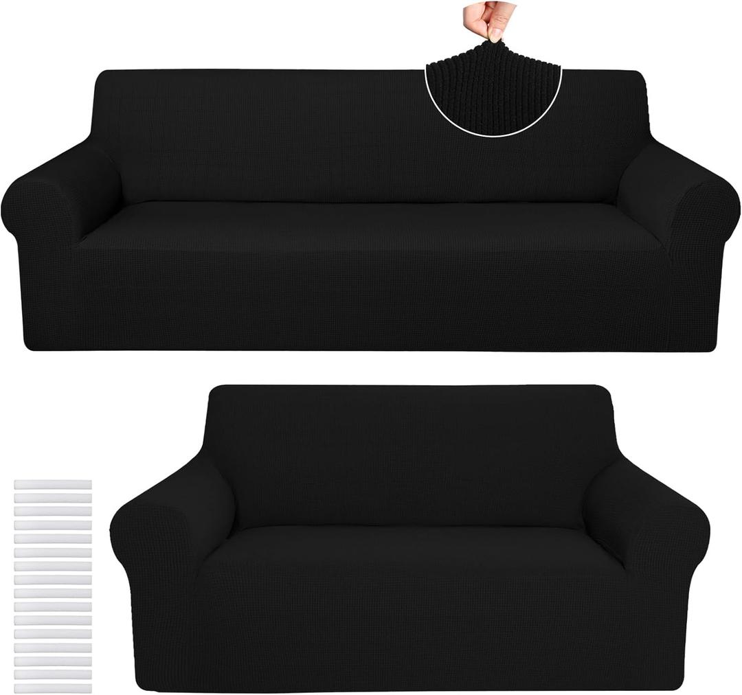 Peryiter 2 Pcs Sofa Covers Couch and Loveseat Covers Set Stretch Sofa Slipcover for Living Room Armchair Furniture Protector, Wrinkle Proof(Black,Jacquard)