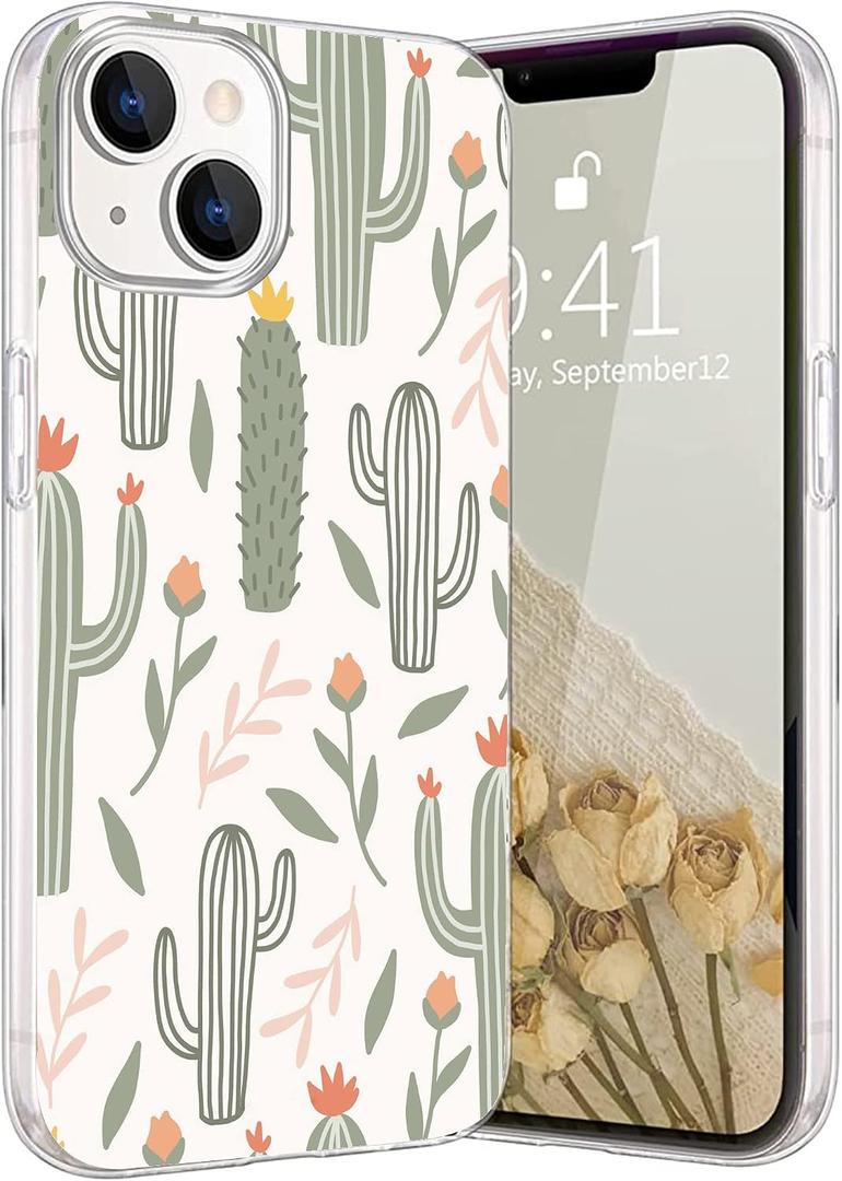 Compatible with iPhone 14 - Beautiful Flowers Cactus Printed Shockproof Protective Case With Unique Design for Women Girls TPU Cover