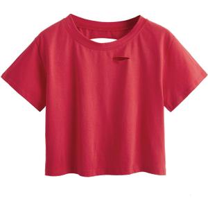 SweatyRocks Women's Summer Short Sleeve Tee Distressed Ripped Crop T-Shirt Tops (Red, S)