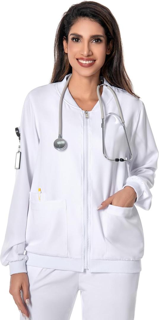 Scrub Jackets for Woman, Zip Front Nurse Jacket-4-Way Stretch Fabric Coat (X-Small, White)