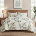MOVE OVER 100% Cotton Duvet Cover Set Queen Size, Beige Green Botanical Floral Bedding Set with Zipper Closure & Corner Ties, Soft Breathable Vintage Flower Duvet Cover Set for All Seasons