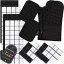 Oven Mitts Kitchen Towels and Dishcloths Pot Holders Sets, Oven Gloves Kitchen Dish Towels 500 Degree Heat Resistant Potholders with Non-Slip Silicone Surface for Cooking, Grilling, Baking-Black
