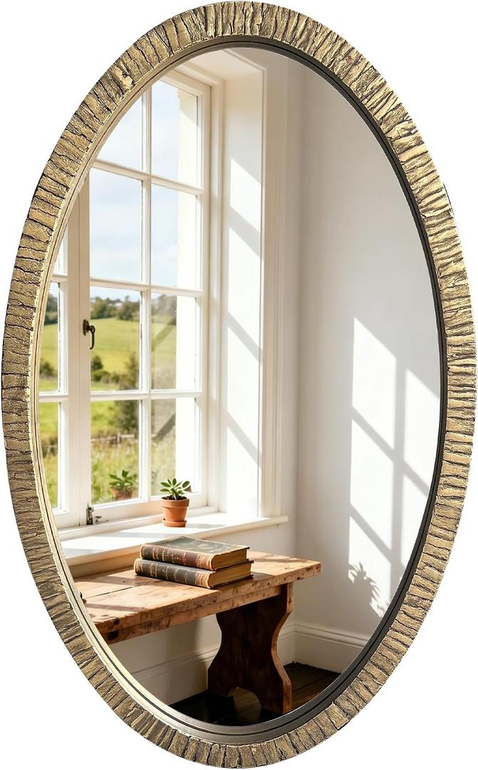 Oval Gold Wall Mirror 32"x20", Rustic Textured Mental Frame Decorative Mirror, Vintage Farmhouse Accent Wall Mounted Mirror for Bathroom, Living Room, Entryway Decor