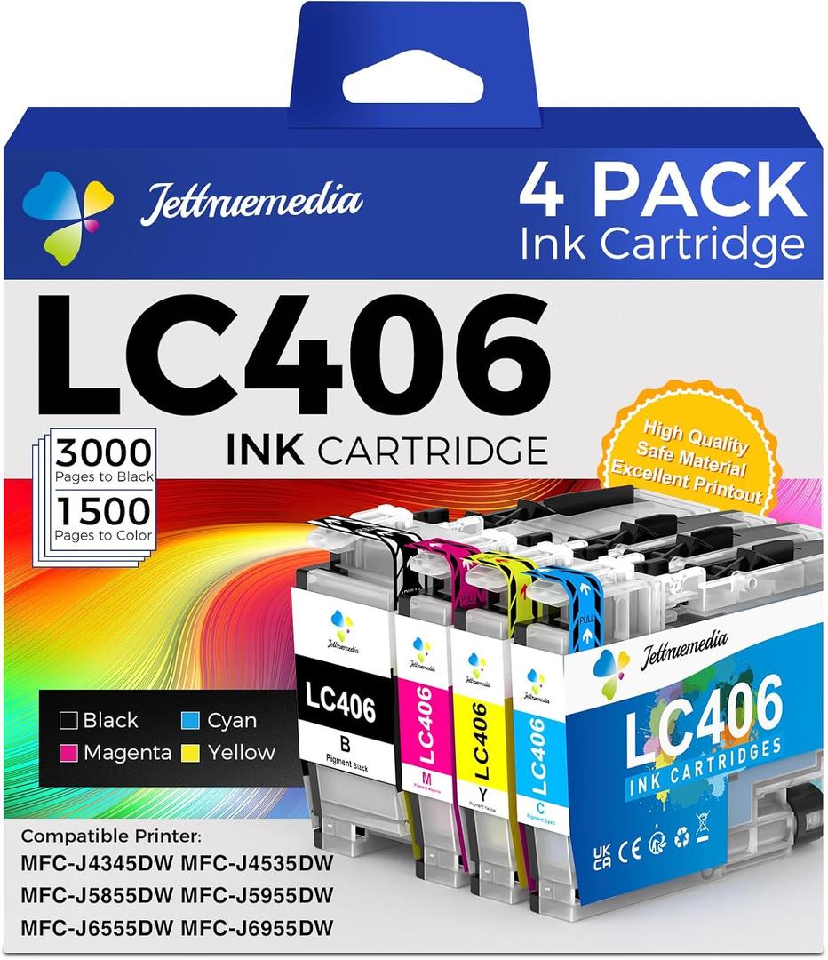 LC406 Ink Cartridges for Brother Printer Replacement for Brother LC 406 LC406XL Ink Cartridges Use with MFC-J4535DW MFC-J4335DW MFC-J4345DW MFC-J5855DW MFC-J6555DW MFC-J6955DW Printer (4 Pack)