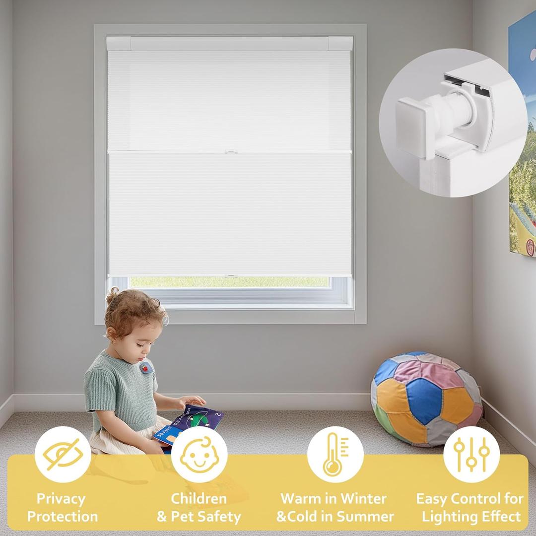 BERISSA Day Night Cellular Blinds Cordless, Double No Drill Honeycomb Shades for Windows, Thermal Insulated Window Shades Easy to Install,Custom Size(Blackout White and Light Filtering White)