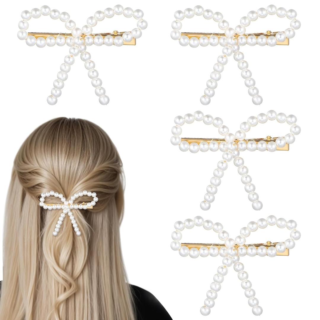 4Pcs Pearl Bow Hair Clips, Elegant Pearl Hair Accessories with Bow Design, Non-Slip Duckbill Clips for Women Girls, Perfect for Weddings, Proms, Parties, Daily Use
