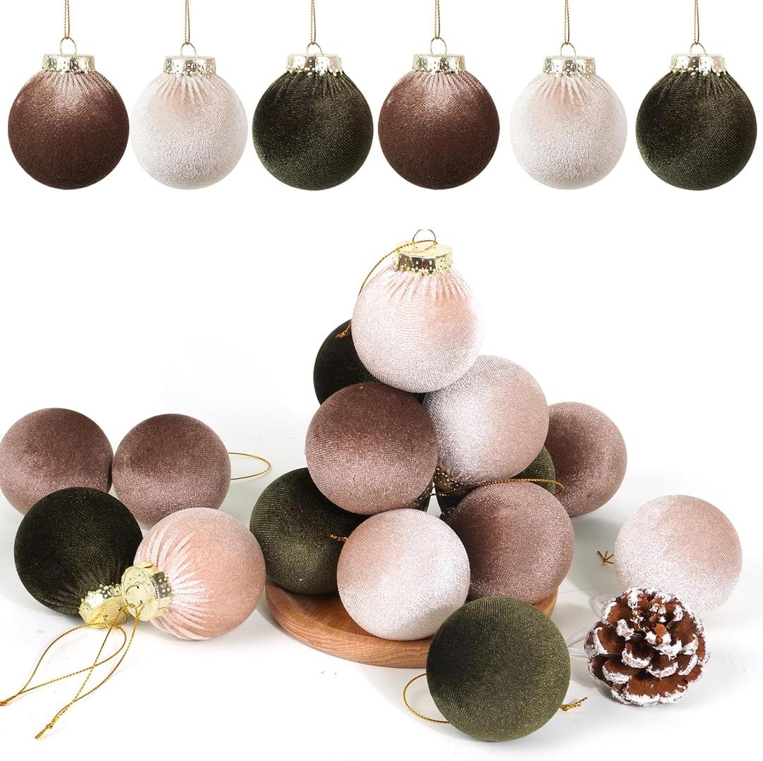 4 x Christmas Tree Ornaments 16 Pcs Velvet Christmas Balls Bulk Flocked Christmas Tree Ball Ornaments for Holiday Wedding Party Christmas Tree Hangings (Brown & Green, 3.15Inch)