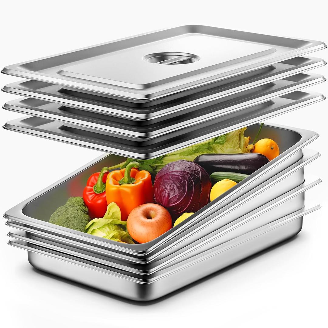 ZeroPone 4 Pack Full Size Hotel Pans , 2.5" Deep Stainless Steel Steam Table Pan with Lid, 22 Gauge Anti Jam Commercial Catering Food Pans for Hotel, Home, Party, Restaurant, Buffet