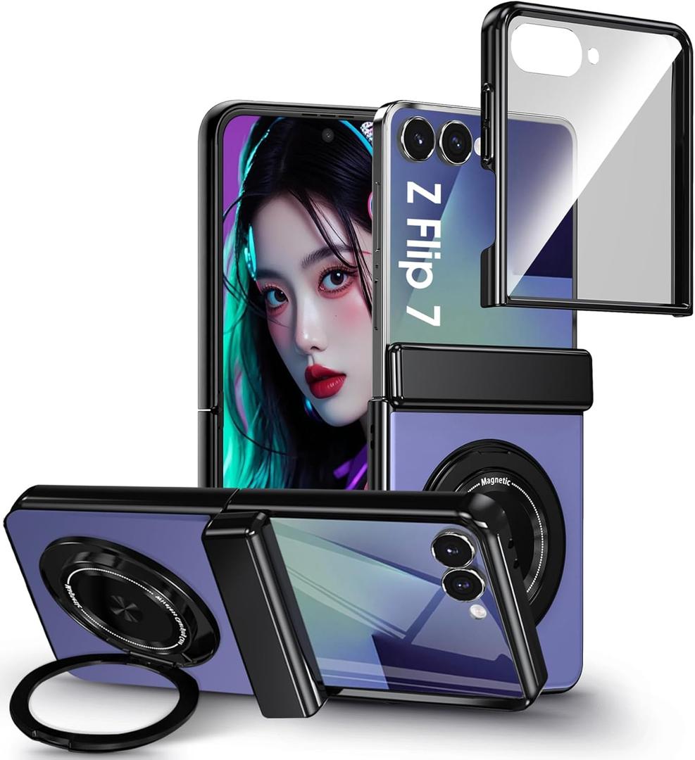 for Samsung Galaxy Z Flip 7 Case with Screen Protector, Hinge Protection Phone Case for Z Flip 7, with Mag-Safe, 360 Rotating Ring Holder, Hard PC Shockproof Full Body Protective Cover (Blue)