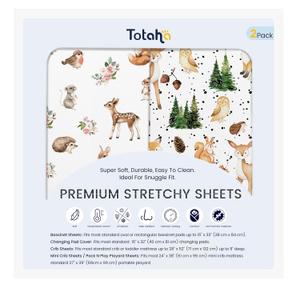 TotAha Crib Sheets for Boys Girls, Premium Soft Crib Mattress Fitted Sheet, Super Stretchy Jersey Knit Baby Sheets, Silky Comfort Baby Bed Sheets 28x52x9 Extra Deep Pocket, 2 Pack (Forest Animals)