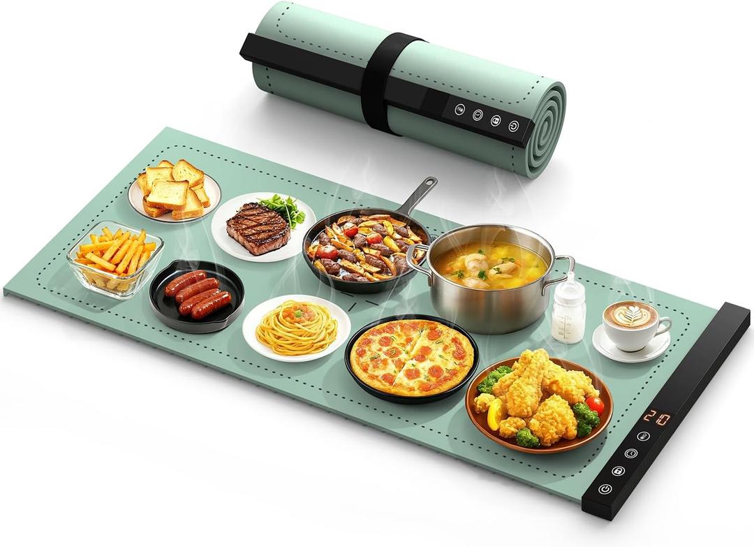 Warming Mat for Food  Full Surface Rapid Heating, Rollable & Portable Food Warmer Mat with 6 Temperature Settings and 14 Hours Adjustable Timer, Silicone Heating Mat for Party Buffet (GreenXXL)