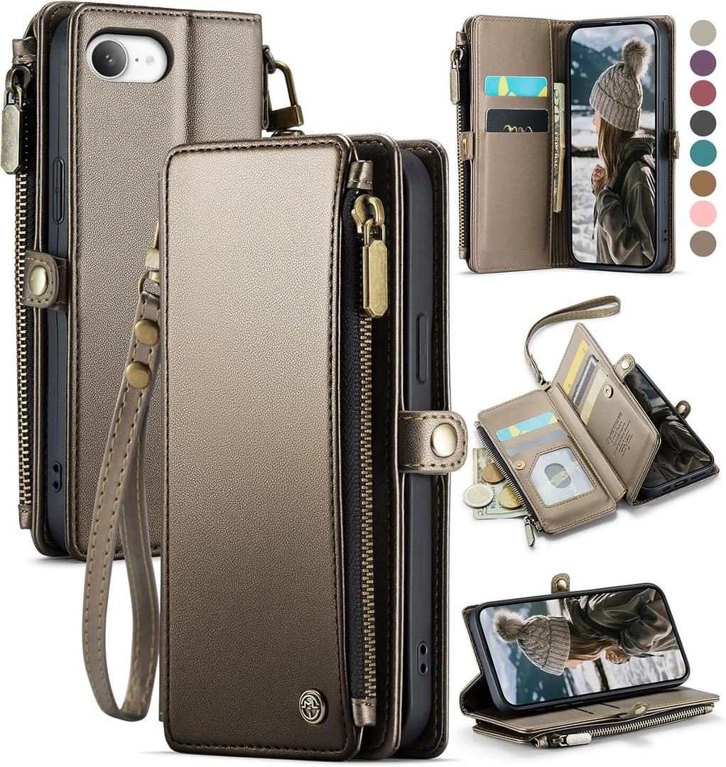 Defencase for iPhone 16E/17E Case Wallet with RFID Blocking Card Holder Slot for Women, Elegant PU Leather Magnetic Snap Flip Wrist Strap Zipper Wallet Phone Case for iPhone 17e & 16e, Desert Titanium