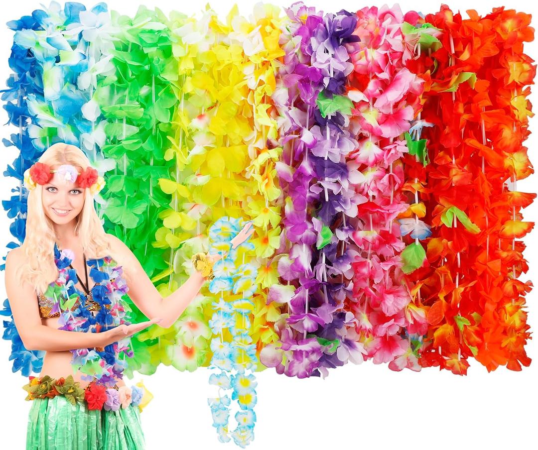 50pcs Hawaiian Leis Decorations, Hawaiian Leis Bulk Flower Necklaces Luau Party Decor, Colorful Hula Dance Celebration Tropical Summer Beach Pool Parties, Hawaiian Flower Leis for Party Favors Decor