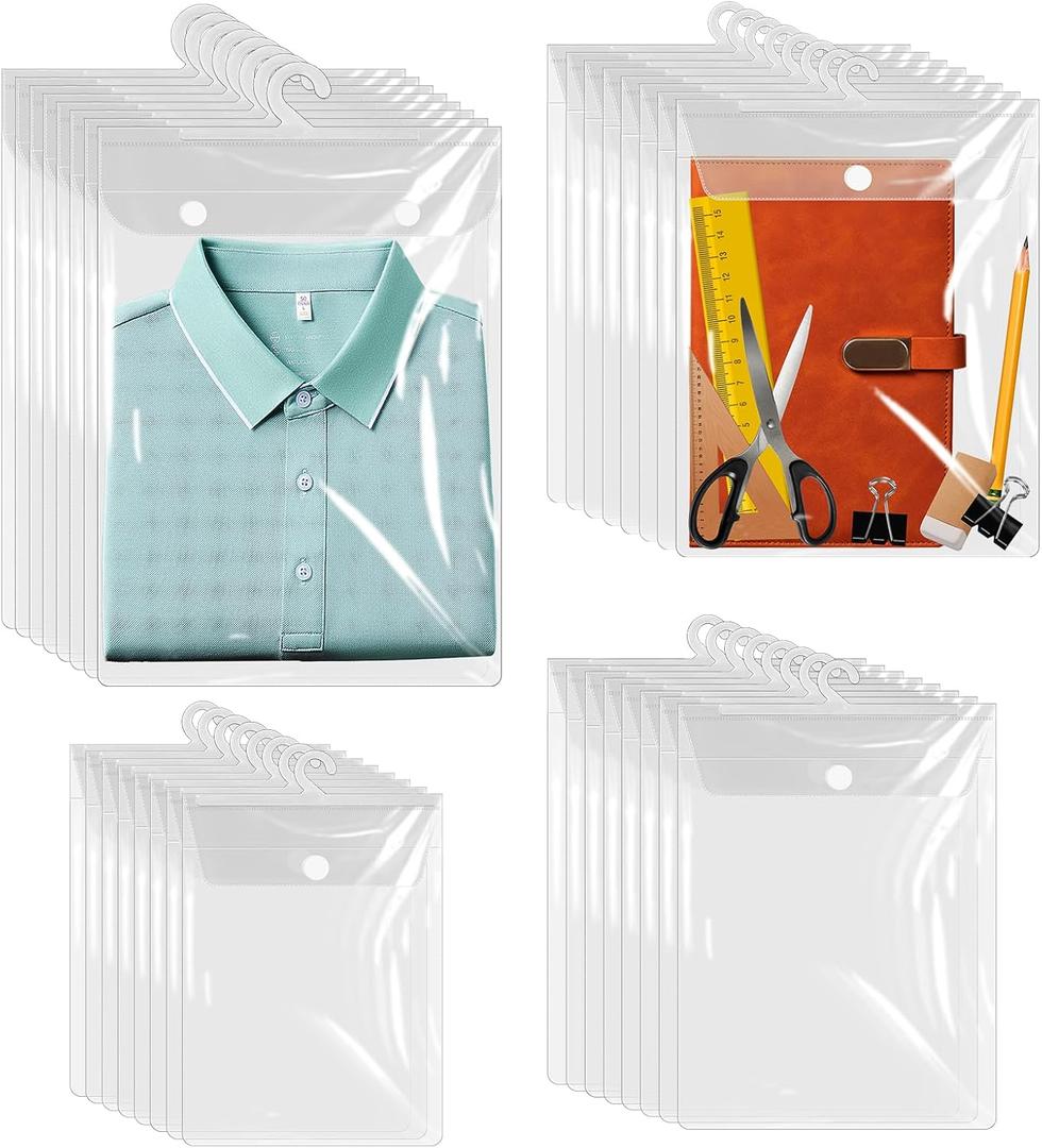 Hanging Storage Bags 32 Pack Clear Large Hook Plastic Bags 4 Size Hanging Organizer Reusable Bag Hook Holder for Classroom Organization Library Home Pharmacy Use Headphone Clothing Closet