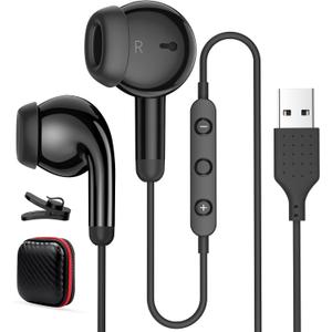 USB Earbuds for PC,Headphones with Microphone for Computer,Wired USB Headset with Mic Audio Control Noise Isolating Stereo Laptop Earphones for Dell for HP for Surface Switch Office Zoom Working Black