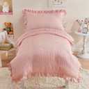 Cozyholy 4 Piece Textured Seersucker Toddler Bedding Set Girls Crib Sheets Set Pink Ruffle Baby Bed Comforter Set Lightweight Bed in a Bag | Include Comforter, Flat Sheet, Fitted Sheet, Pillowcase