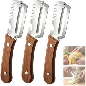 3PCS Multifunctional Vegetable Peeler, 3 In 1 Kitchen Gadgets, With Wooden Handle & Bottle Opener And Grater, For Potatoes, Garlic, Sugarcane, Carrots And Other Vegetables Or Fruits