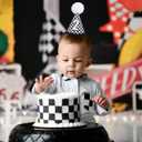 YOUAME Two Fast Birthday Hat for Boys - Race Car Second Birthday Cone Hat, 2nd Year Party Crown, Racing Car Cake Smash Photo Props, Fast Theme Party Decorations in Black and White Checkered Pattern