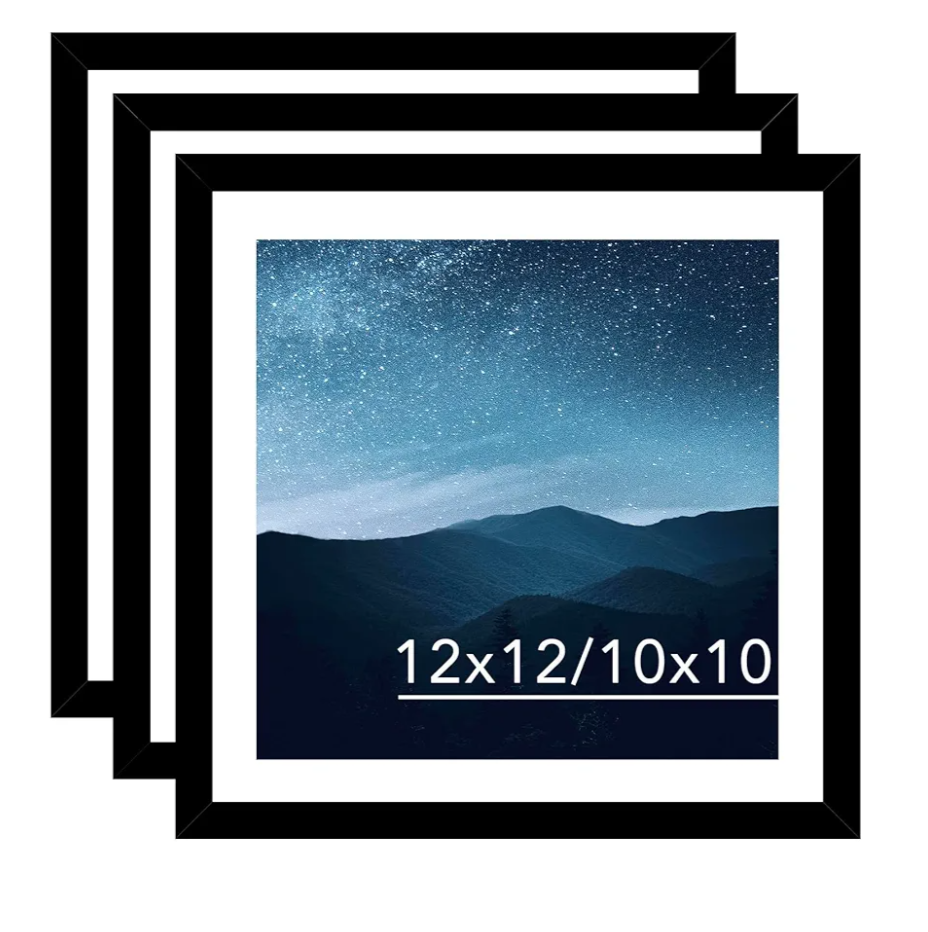 12x12 Picture Frame Set of 3 Black with 10x10 Mat for 30 x 30cm Diamond Art Painting, Display Photo 12 x 12 Without Mat, Wall Hanging Large Frame with Plexiglass, 3 Pack