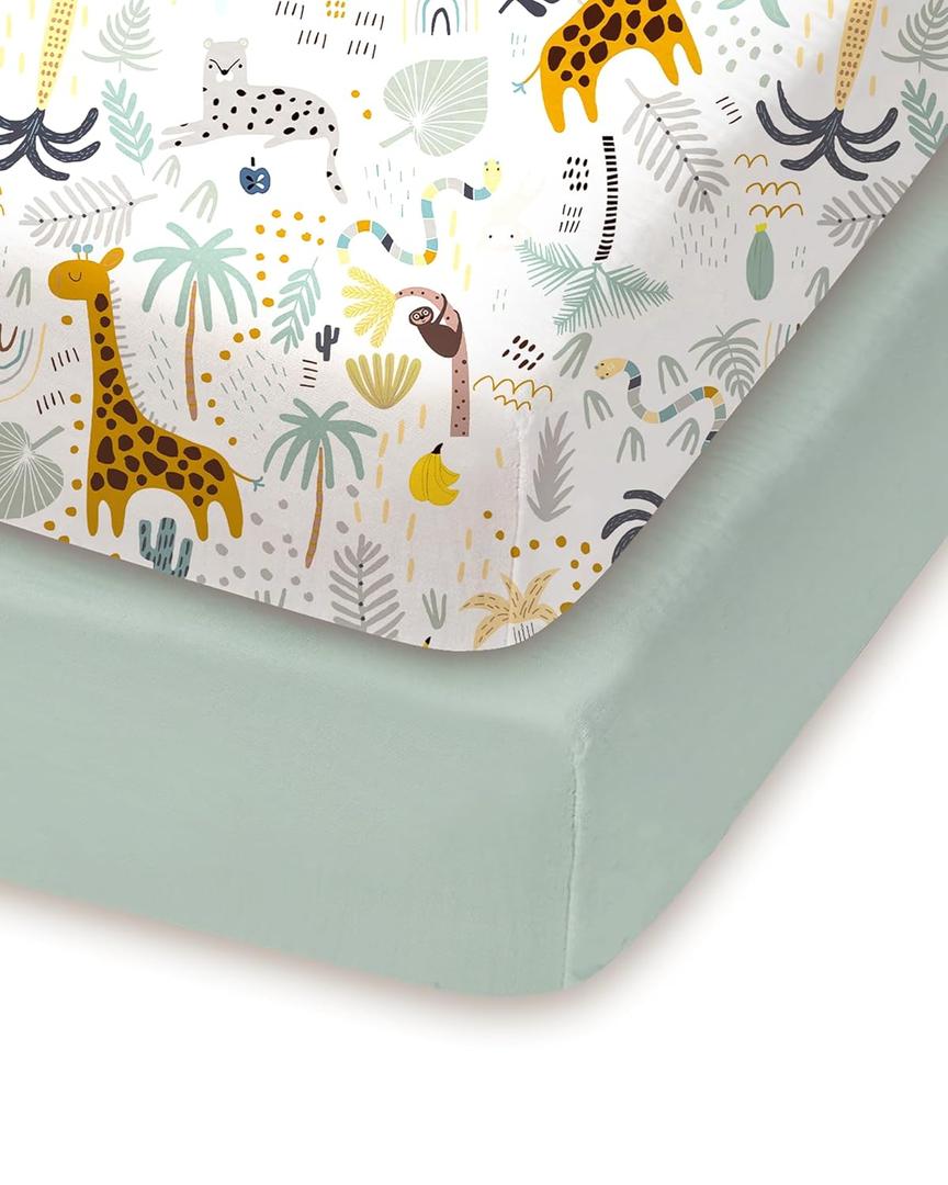 Pack and Play Sheets Fitted, Soft Green+Giraff, Breathable and Cozy, Hypoallergenic, 2 Pack for Boys and Girls (Sage Safari)