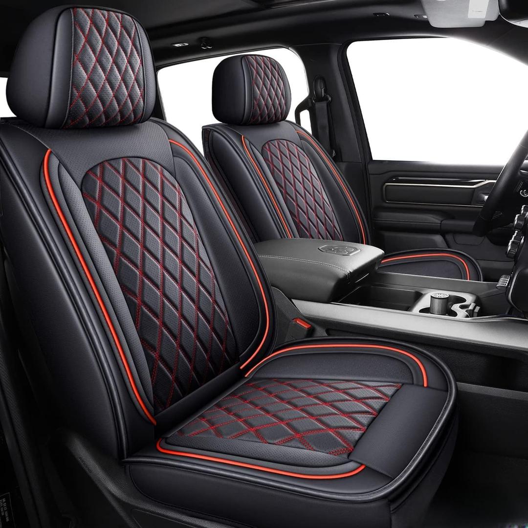 MIROZO Ram Seat Covers Full Set Waterproof Truck Seat Covers Leather Car Seat Protector Fits 2009-2025 Ram 1500/2500/3500 Crew Quad Regular Cab Pickup with Split Flat Bench 40/60, Black and Red