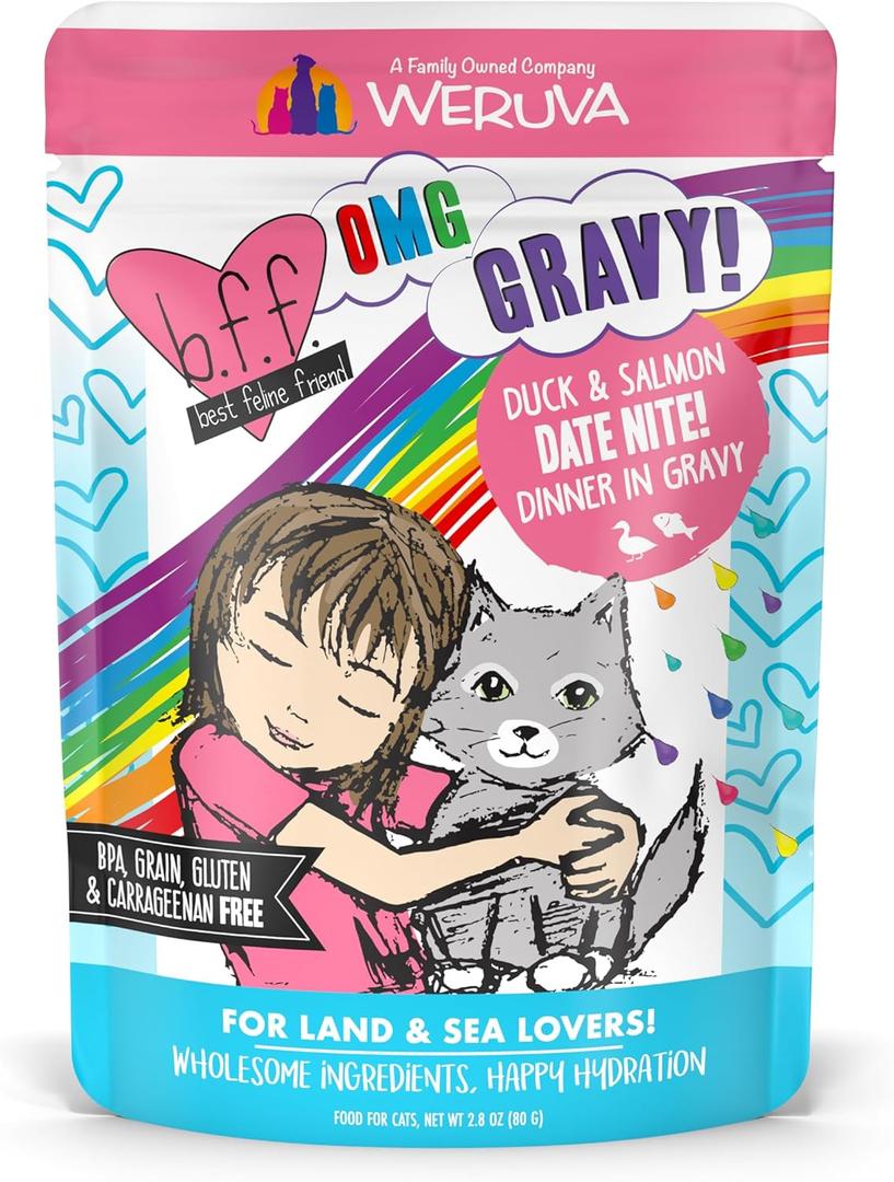 Weruva B.F.F. OMG - Best Feline Friend Oh My Gravy!, Date Nite! with Duck & Salmon in Gravy Cat Food, 2.8oz Pouch (Pack of 12) BB 11/24/28